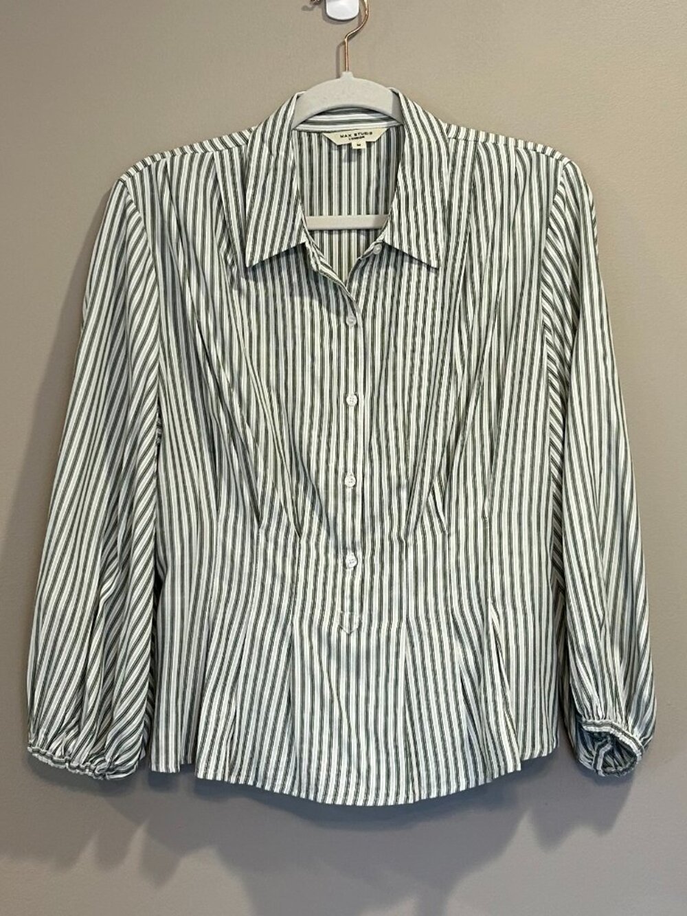 Max Studio Green & White Striped Button-Down Top - Size Medium Like New